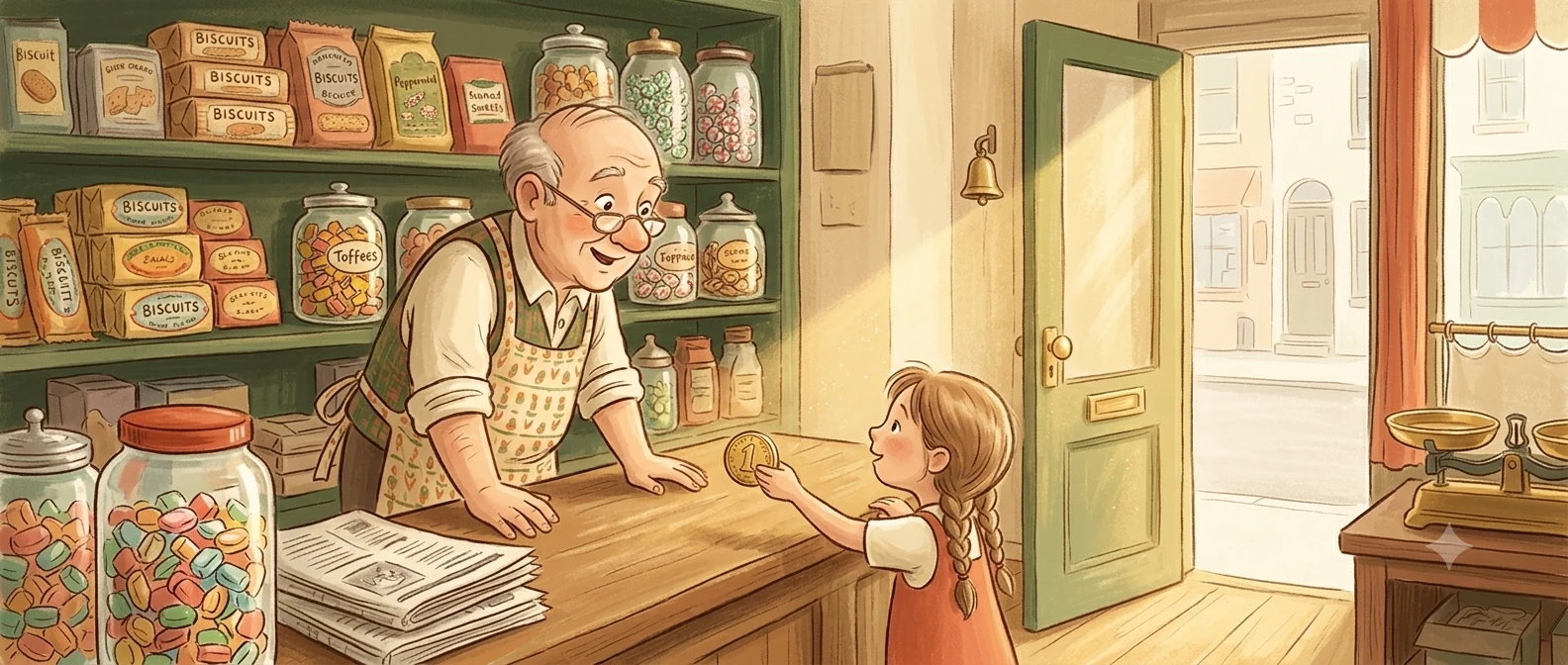 Warm painterly illustration of a young girl offering a coin across a wooden shop counter to a smiling elderly shopkeeper.