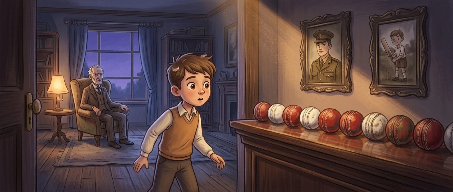 Warm painterly illustration of a boy frozen in a doorway looking at a wooden shelf lined with eleven cricket balls, framed photographs on the wall behind.