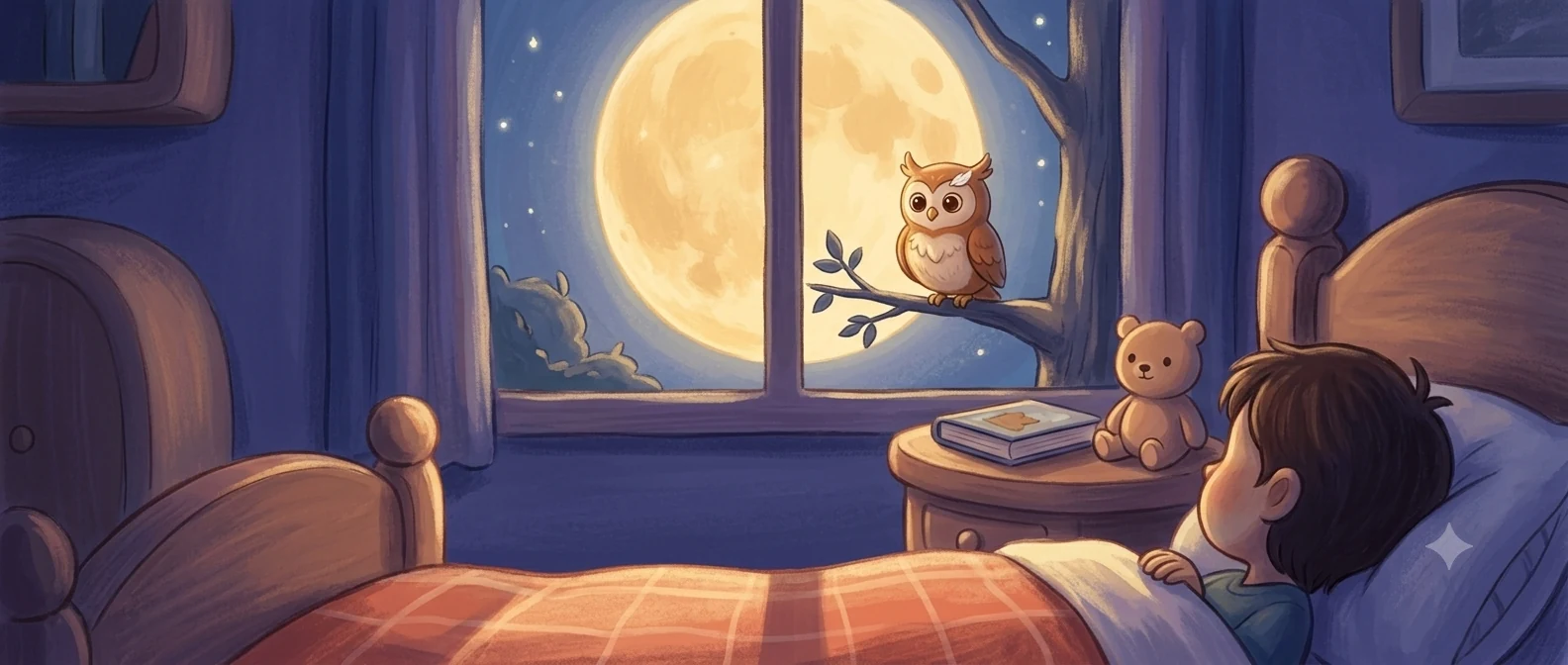 Warm painterly illustration of a small owl on a branch outside a child's window, a full moon glowing behind it.
