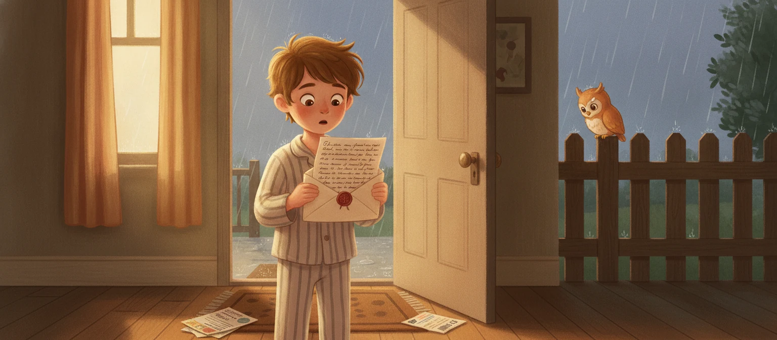 Warm painterly illustration of a boy in a cozy hallway holding an envelope with real handwriting, grey drizzle through the open door behind him.